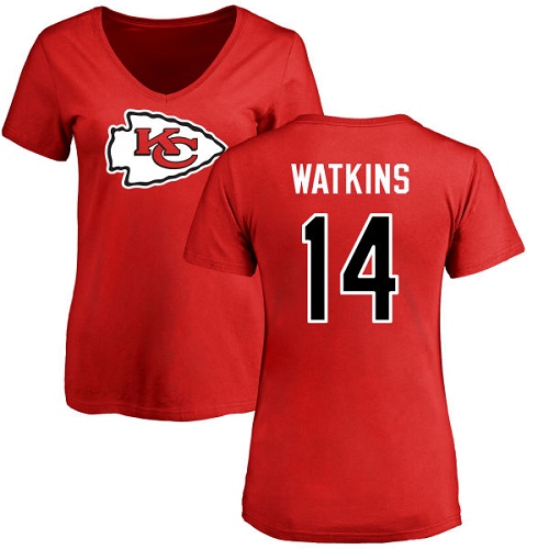 Women Football Kansas City Chiefs #14 Watkins Sammy Red Name and Number Logo Slim Fit T-Shirt->kansas city chiefs->NFL Jersey